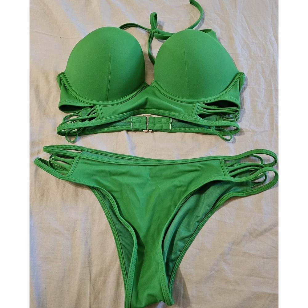 Victoria Secret Swim Bikini Top Small Bottom Bombshell Push Up Green -read Desc